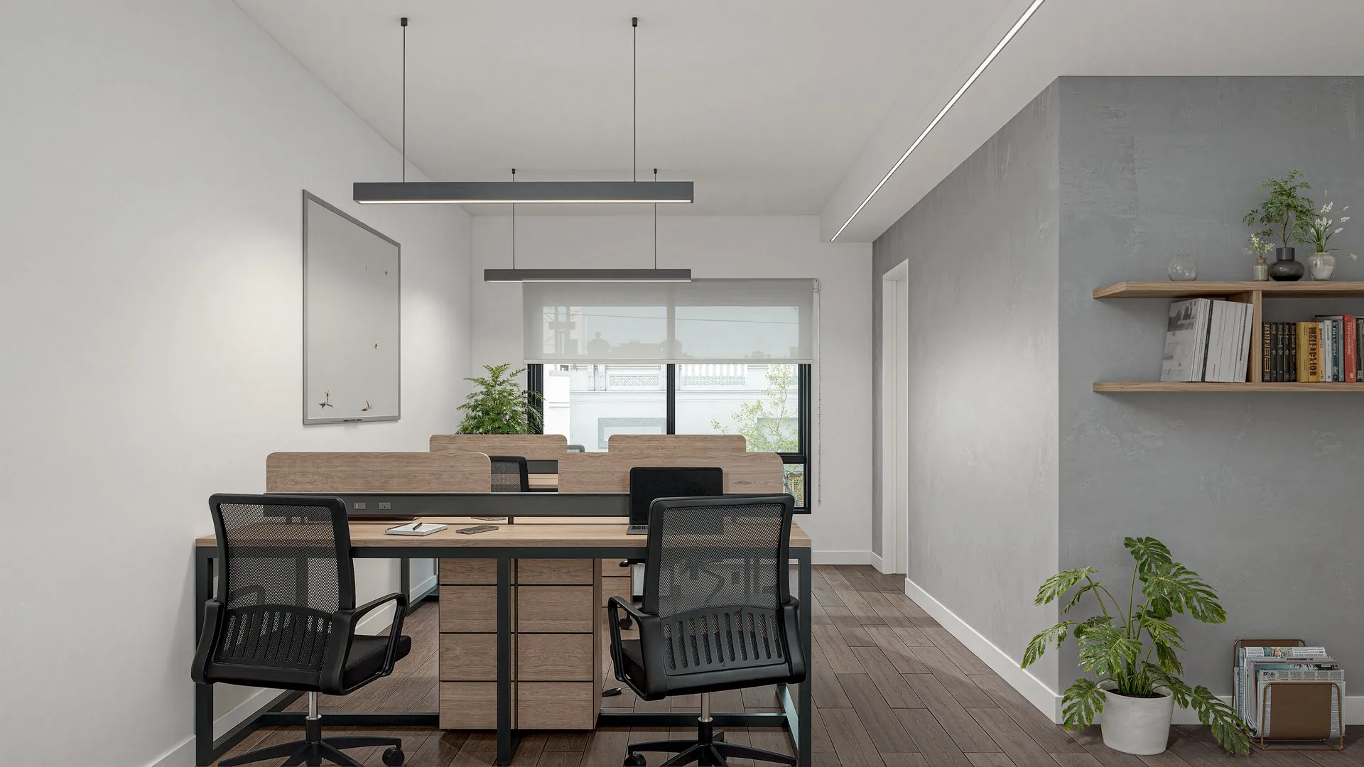 Render del coworking de Vita Pallares: escritorios compartidos con sillas de oficina y ventana a la calle