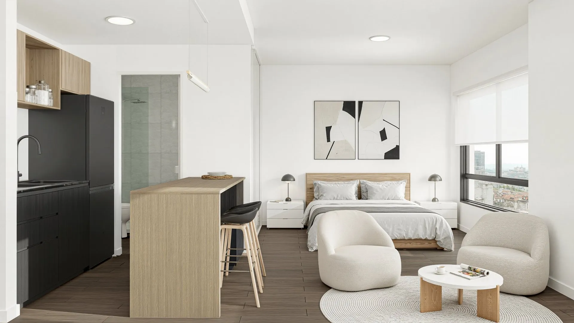 Render del monoambiente de Vita Pallares: cocina integrada, cama y estar