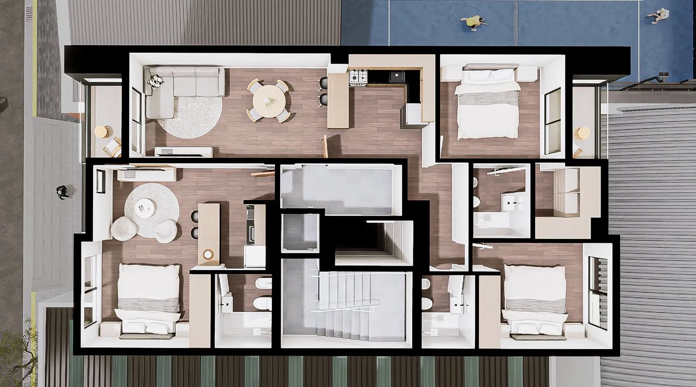 Planta del piso 8 de Vita Pallares: el 3 ambientes (unidad A) y el monoambiente (unidad B)