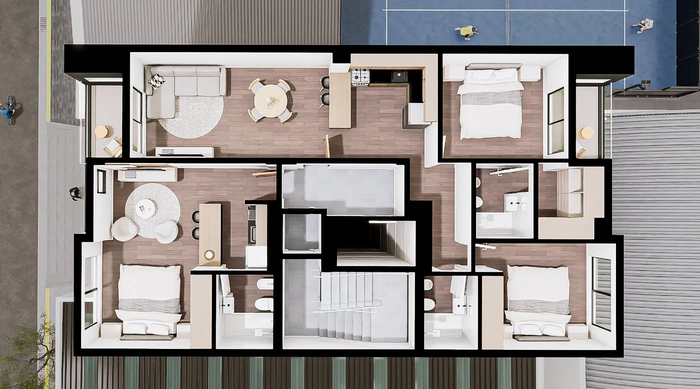 Planta del piso 9 de Vita Pallares: el 3 ambientes (unidad A) y el monoambiente (unidad B)