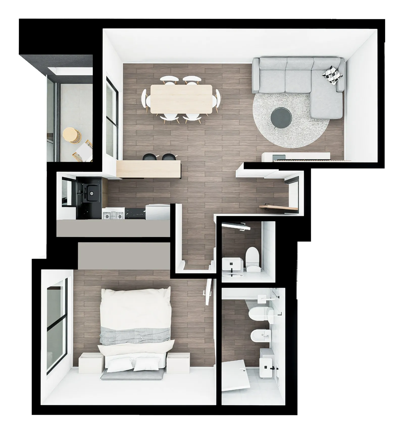 Planta amoblada del departamento de 2 ambientes de Vita Pallares en Valentín Alsina, Lanús