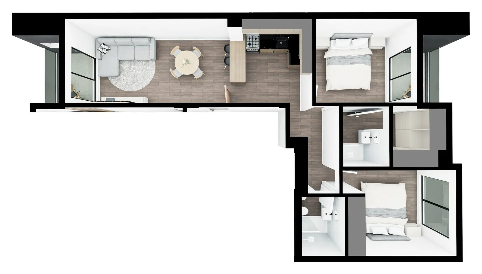 Planta amoblada del departamento de 3 ambientes de Vita Pallares en Valentín Alsina, Lanús