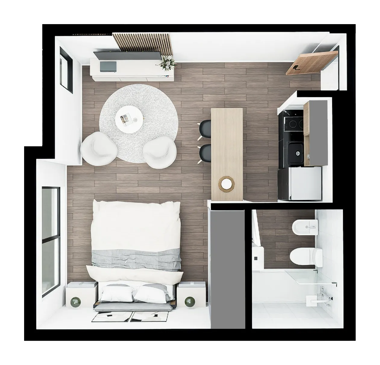 Planta amoblada del monoambiente de Vita Pallares en Valentín Alsina, Lanús