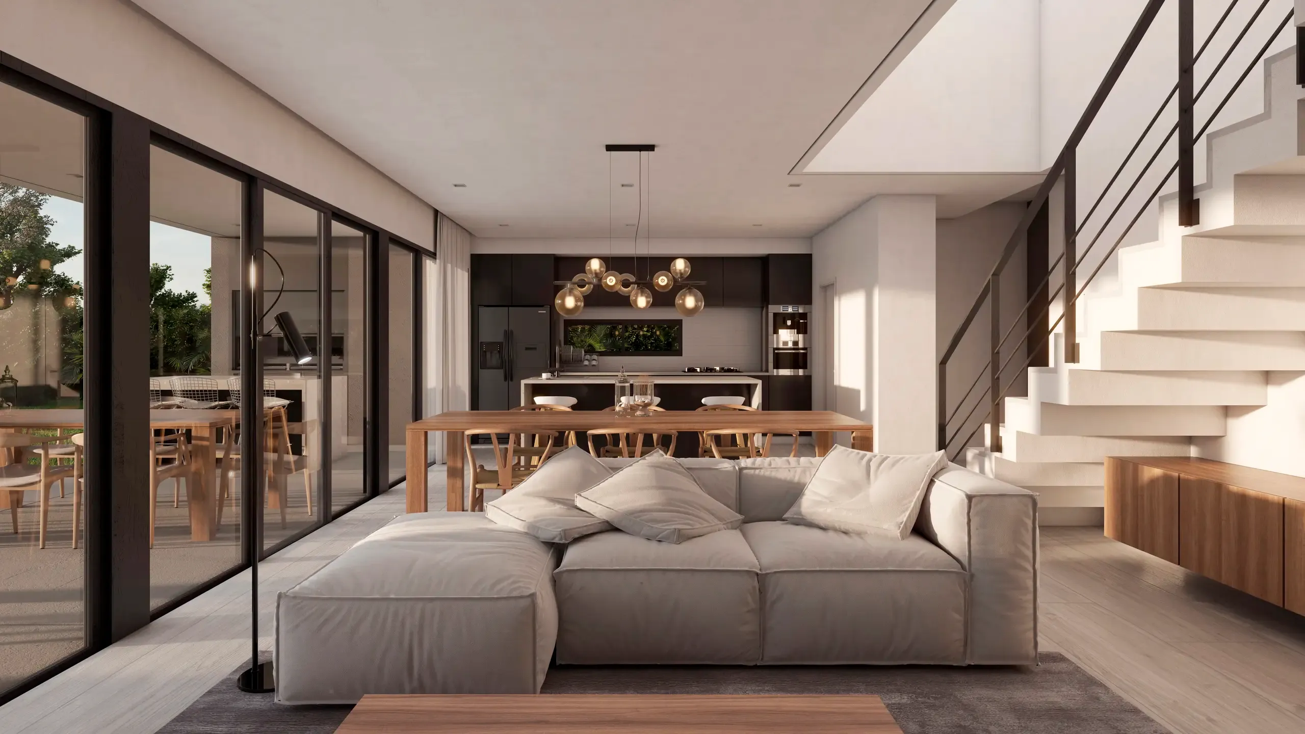 Living de RBQ 205, integrado con el comedor y la cocina