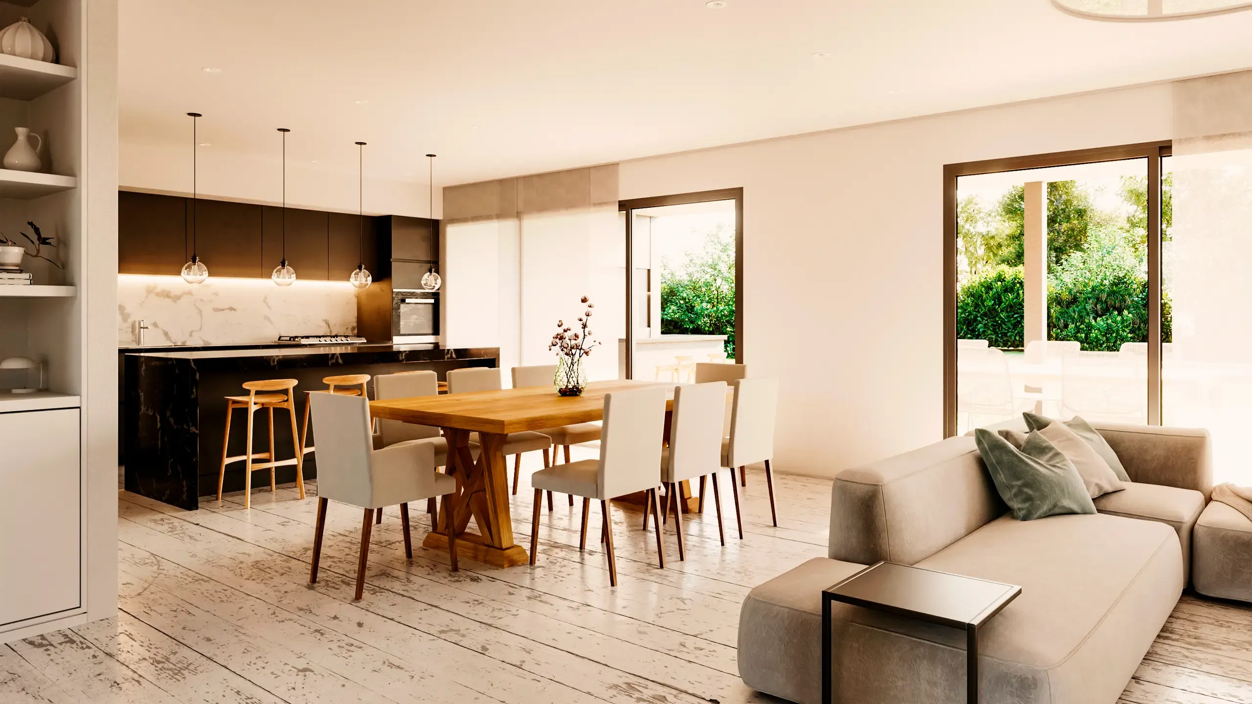 Interior de RBQ 234, cocina y comedor integrados