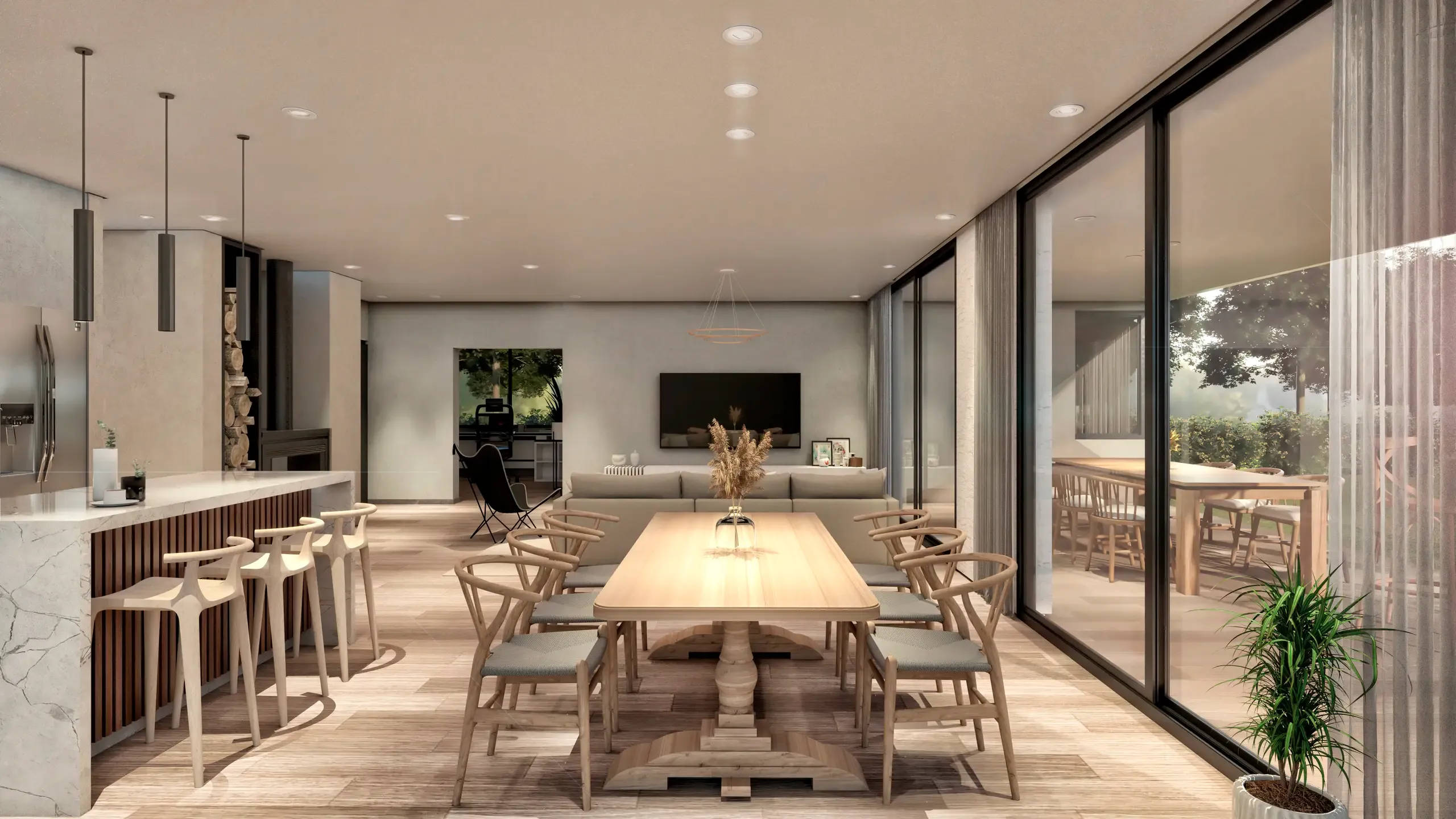 Interior de RBQ 264, comedor y cocina integrados